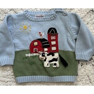Kitestrings Baby Farm Scene Knit Sweater Sz 12M Cow Chicken Barn Blue Sun